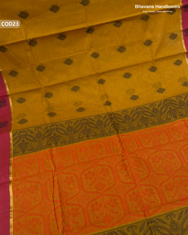 Traditional Coimbatore Handloom Saree – Thread Woven, Small Border, Yellowish Orange colour