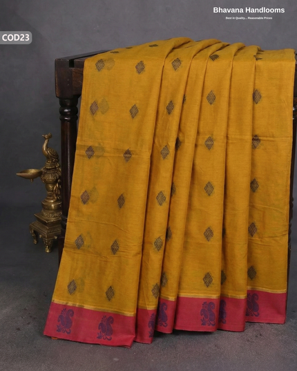 Traditional Coimbatore Handloom Saree – Thread Woven, Small Border, Yellowish Orange colour