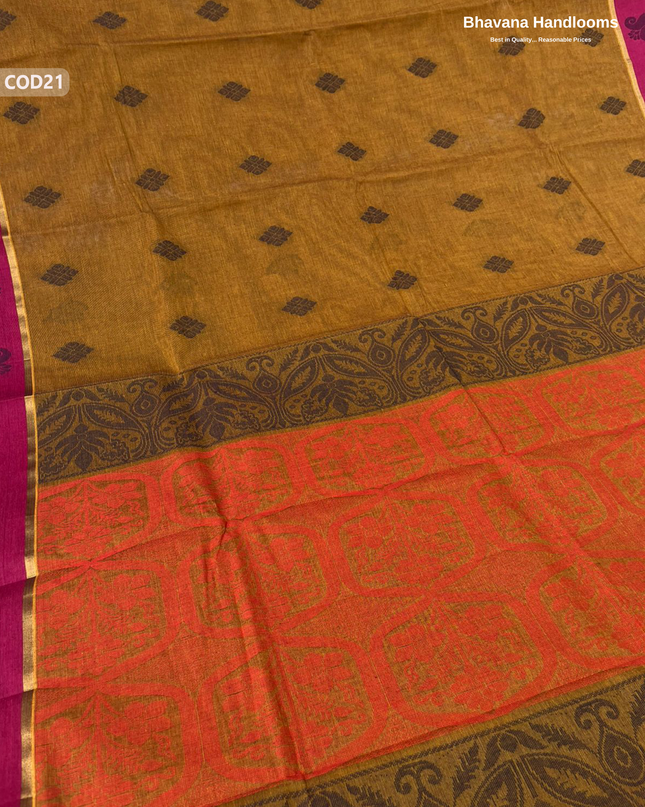 Traditional Coimbatore Handloom Saree – Thread Woven, Small Border, Brown colour