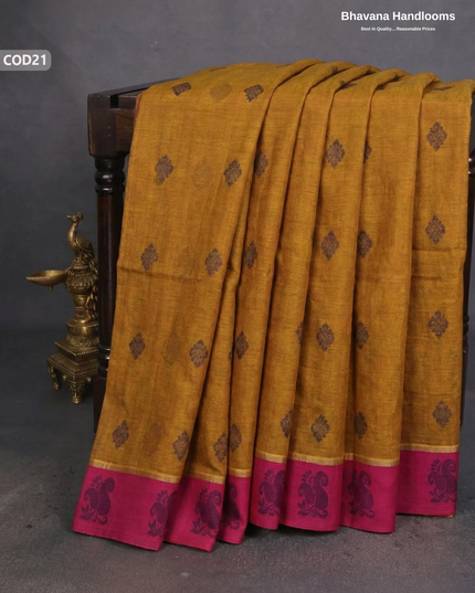 Traditional Coimbatore Handloom Saree – Thread Woven, Small Border, Brown colour
