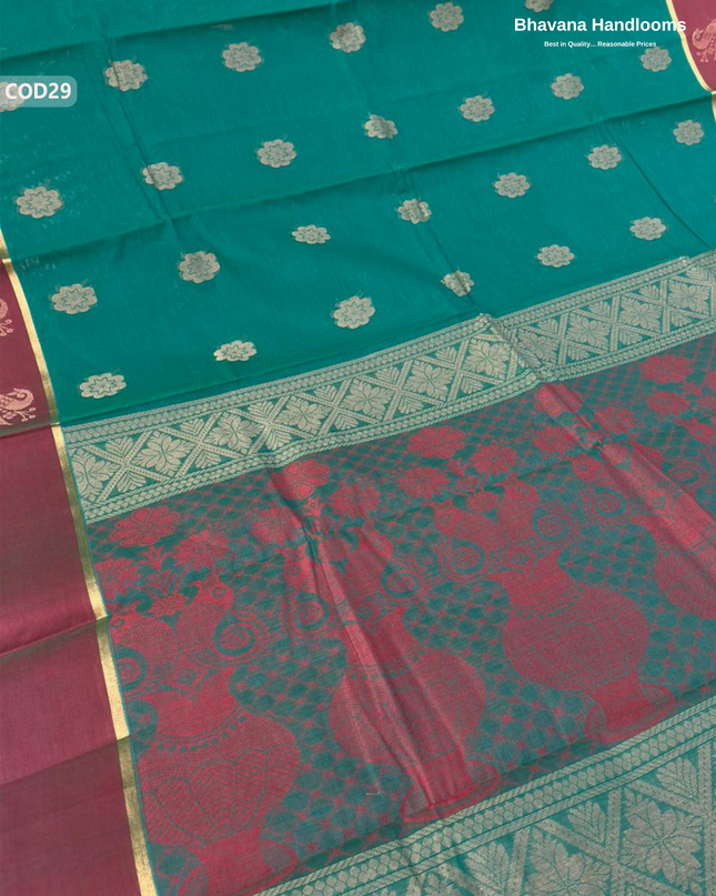 Traditional Coimbatore Handloom Saree – Thread Woven, Small Border, Dark Green colour