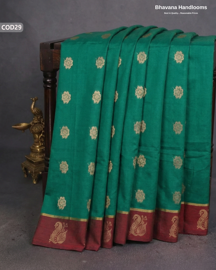 Traditional Coimbatore Handloom Saree – Thread Woven, Small Border, Dark Green colour