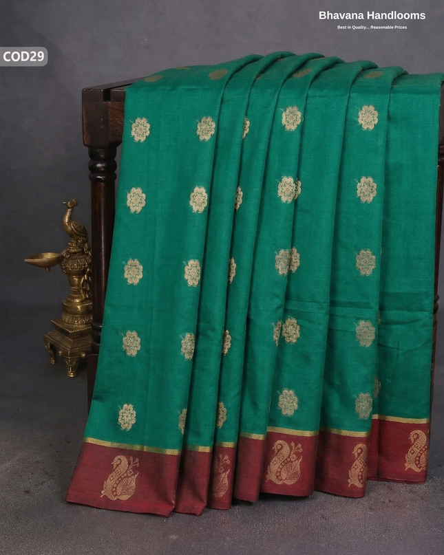 Traditional Coimbatore Handloom Saree – Thread Woven, Small Border, Dark Green colour