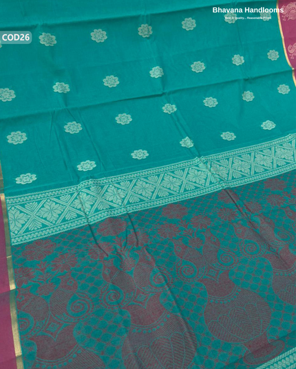 Traditional Coimbatore Handloom Saree – Thread Woven, Small Border, Sea Green colour