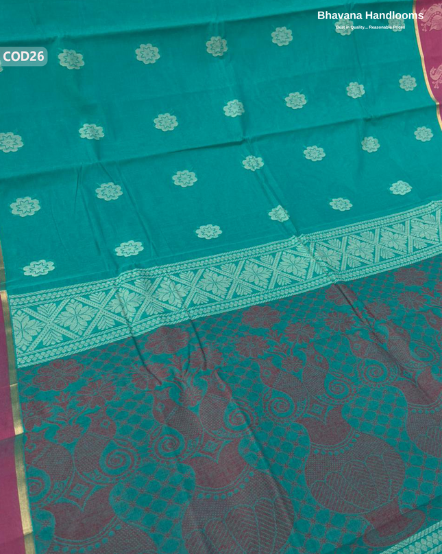 Traditional Coimbatore Handloom Saree – Thread Woven, Small Border, Sea Green colour