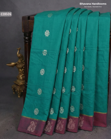 Traditional Coimbatore Handloom Saree – Thread Woven, Small Border, Sea Green colour