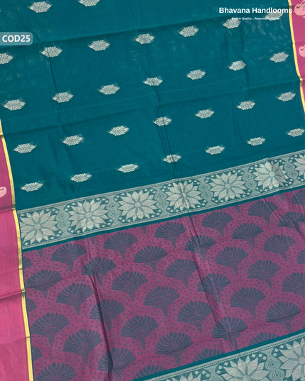 Traditional Coimbatore Handloom Saree – Thread Woven, Small Border, Dark Sea Green colour