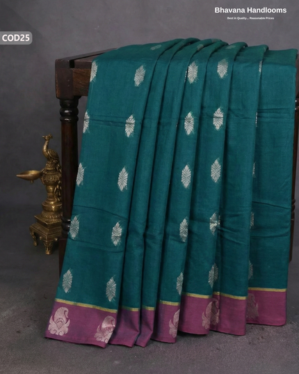 Traditional Coimbatore Handloom Saree – Thread Woven, Small Border, Dark Sea Green colour