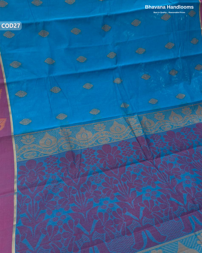 Traditional Coimbatore Handloom Saree – Thread Woven, Small Border, Sea Blue colour