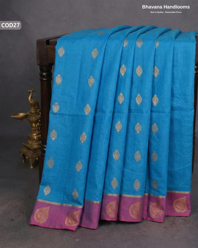 Traditional Coimbatore Handloom Saree – Thread Woven, Small Border, Sea Blue colour