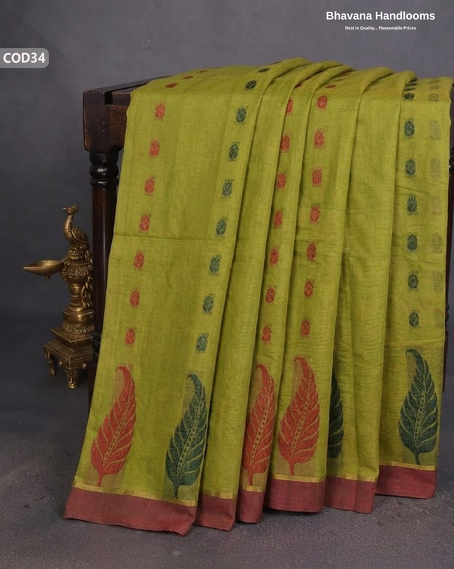 Traditional Coimbatore Handloom Saree – Thread Woven, Small Border, Green colour
