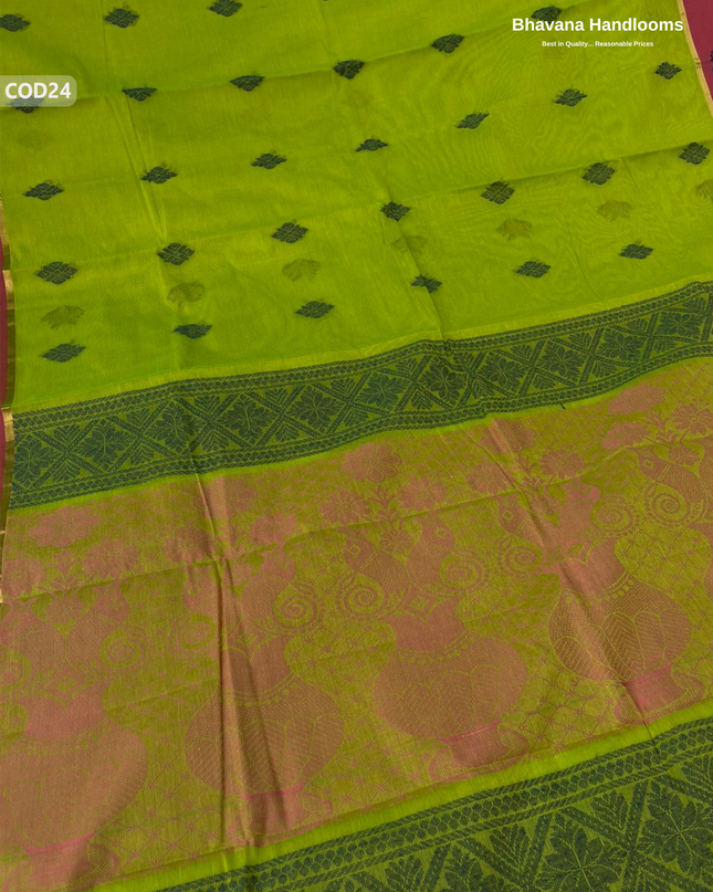 Traditional Coimbatore Handloom Saree – Thread Woven, Small Border, Parrot Green colour