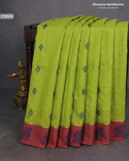 Traditional Coimbatore Handloom Saree – Thread Woven, Small Border, Parrot Green colour
