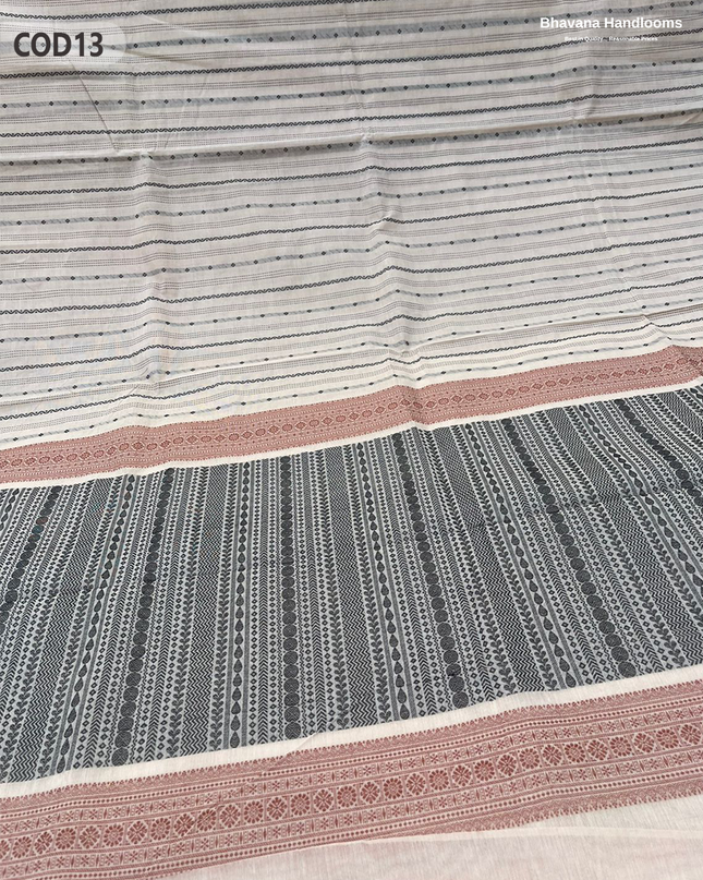 Traditional Coimbatore Handloom Saree – Thread Woven, Small Border, Half White colour