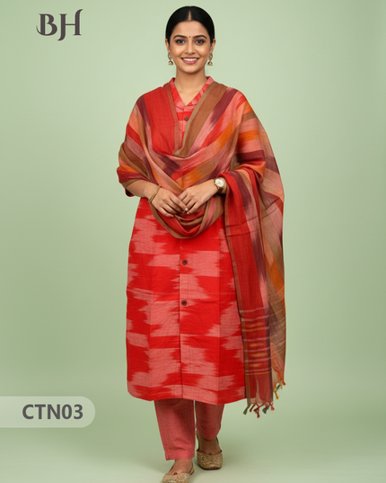 Tomato Red Premium Ikat Cotton 3PC Set with Collar Neck & Multi-Tone Dupatta with Show Buttons