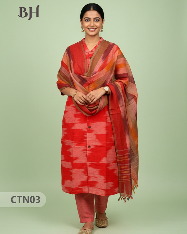 Tomato Red Premium Ikat Cotton 3PC Set with Collar Neck & Multi-Tone Dupatta with Show Buttons