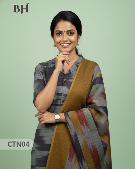 Gray Premium Ikat Cotton 3PC Set with Collar Neck & Multi-Tone Dupatta with Show Buttons