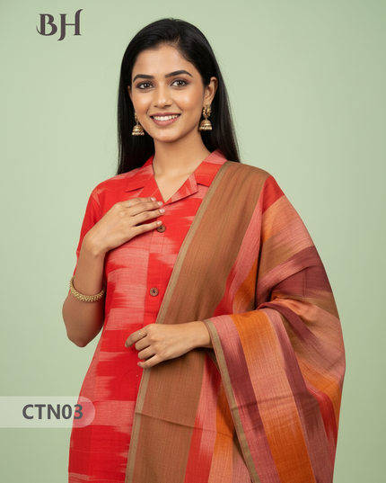 Tomato Red Premium Ikat Cotton 3PC Set with Collar Neck & Multi-Tone Dupatta with Show Buttons