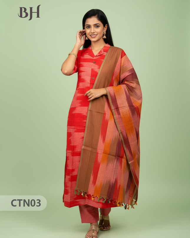 Tomato Red Premium Ikat Cotton 3PC Set with Collar Neck & Multi-Tone Dupatta with Show Buttons