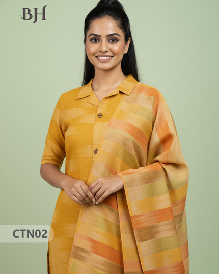 Yellow Premium Ikat Cotton 3PC Set with Collar Neck & Multi-Tone Dupatta with Show Buttons