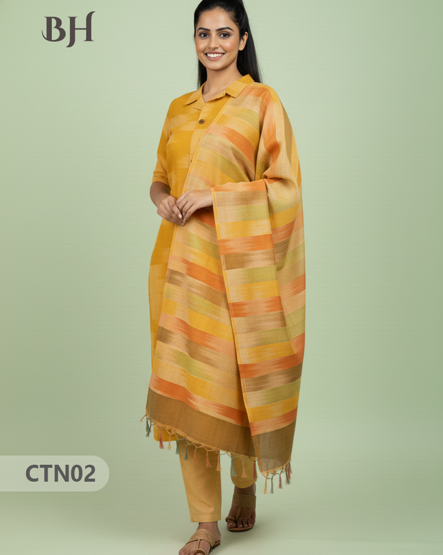 Yellow Premium Ikat Cotton 3PC Set with Collar Neck & Multi-Tone Dupatta with Show Buttons