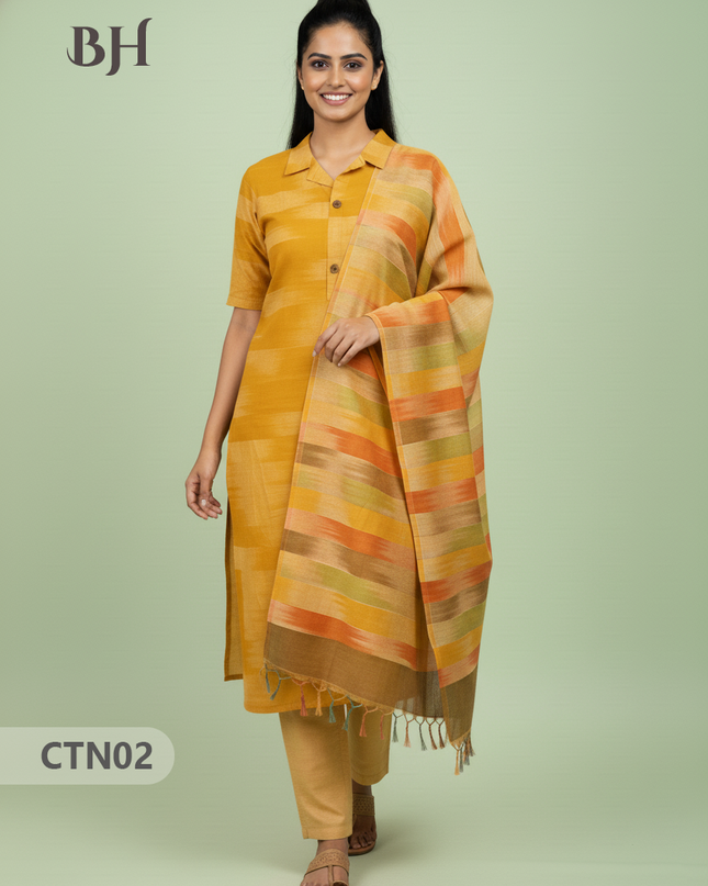 Yellow Premium Ikat Cotton 3PC Set with Collar Neck & Multi-Tone Dupatta with Show Buttons