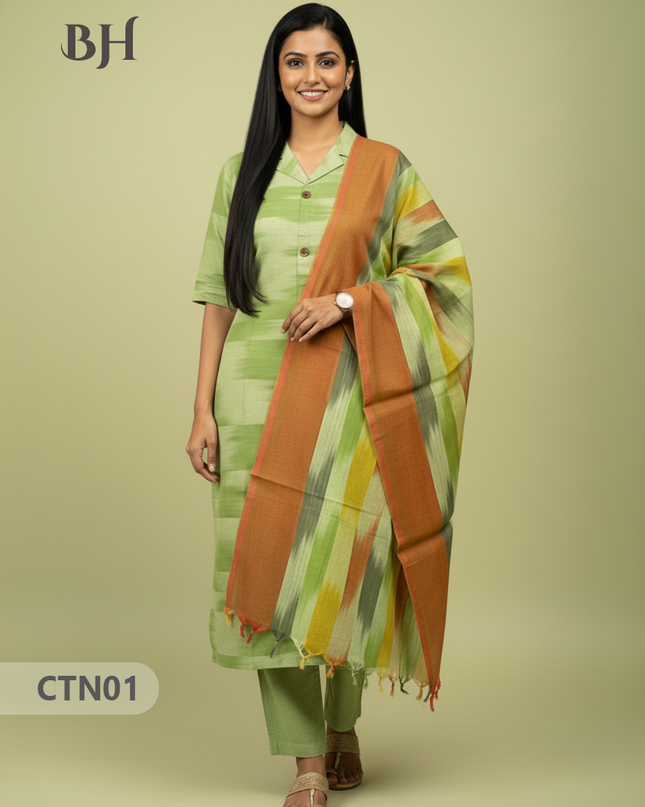 Light Green Premium Ikat Cotton 3PC Set with Collar Neck & Multi-Tone Dupatta with Show Buttons