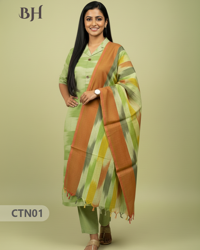 Light Green Premium Ikat Cotton 3PC Set with Collar Neck & Multi-Tone Dupatta with Show Buttons
