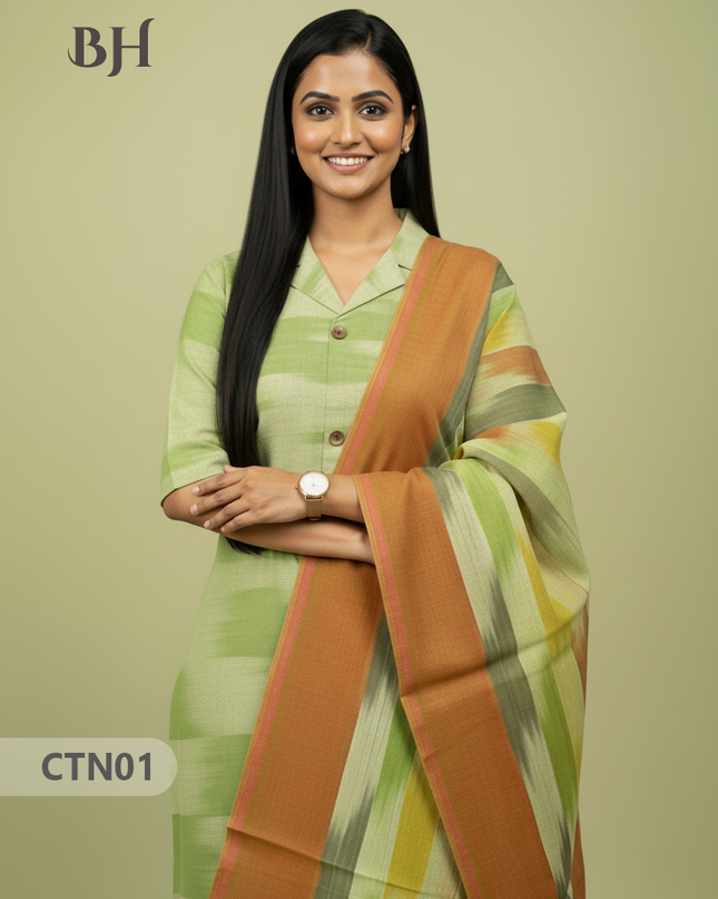 Light Green Premium Ikat Cotton 3PC Set with Collar Neck & Multi-Tone Dupatta with Show Buttons