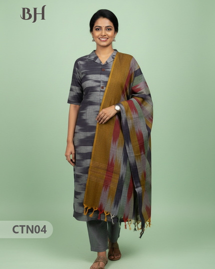 Gray Premium Ikat Cotton 3PC Set with Collar Neck & Multi-Tone Dupatta with Show Buttons