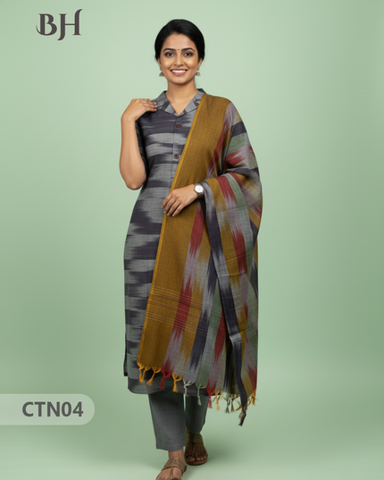 Gray Premium Ikat Cotton 3PC Set with Collar Neck & Multi-Tone Dupatta with Show Buttons