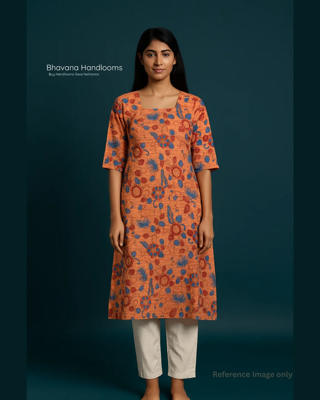 Premium Cotton Straight Cut Kurti Orange – Elegant Floral Print for Women