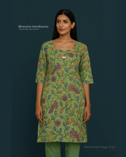 Premium Cotton Straight Cut Kurti – Green Floral Print Design for Women
