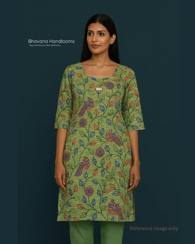 Premium Cotton Straight Cut Kurti – Green Floral Print Design for Women