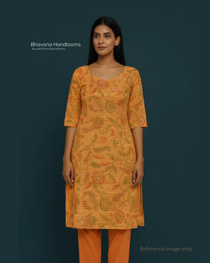 Premium Cotton Straight Cut Kurti – Fiery Orange Floral Print Design