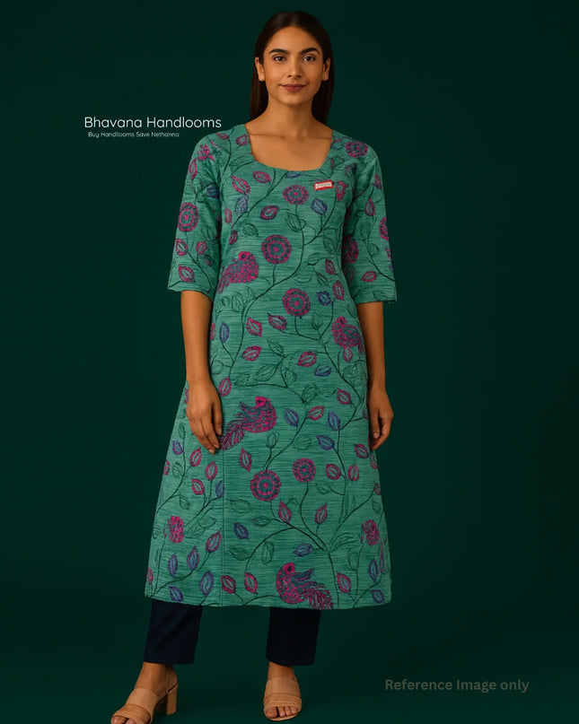 Premium Straight Cut Kurti – Spanish Green Colour with Beautiful Floral Print