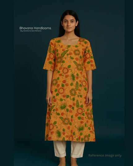 Premium Cotton Straight Cut Kurti Orange – Elegant Floral Print for Women