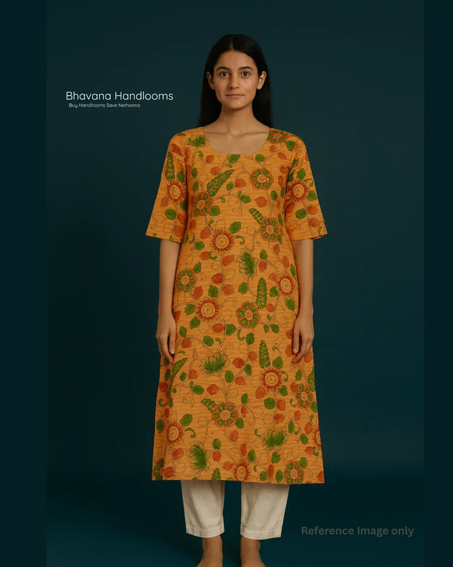Premium Cotton Straight Cut Kurti Orange – Elegant Floral Print for Women
