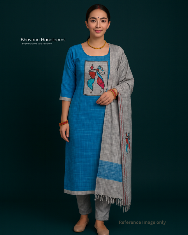 Radha Krishna Printed Cotton Readymade Kurti for Women – Sky Blue Straight Cut Kurti with Full-Length Lining