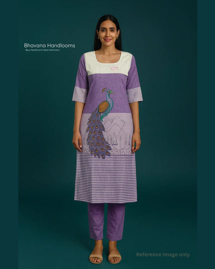 Peacock Design Straight Cut Kurti Lavender with Full Length Lining