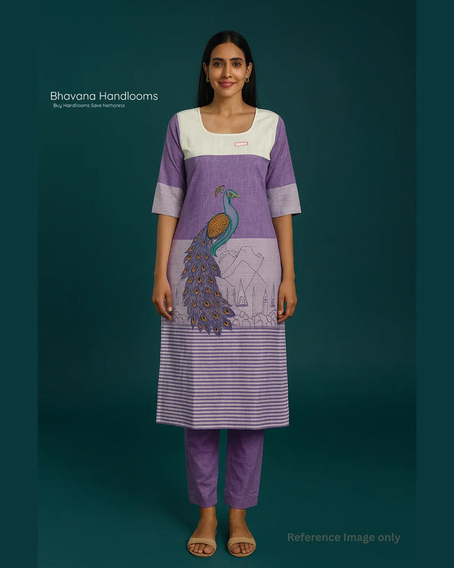 Peacock Design Straight Cut Kurti Lavender with Full Length Lining