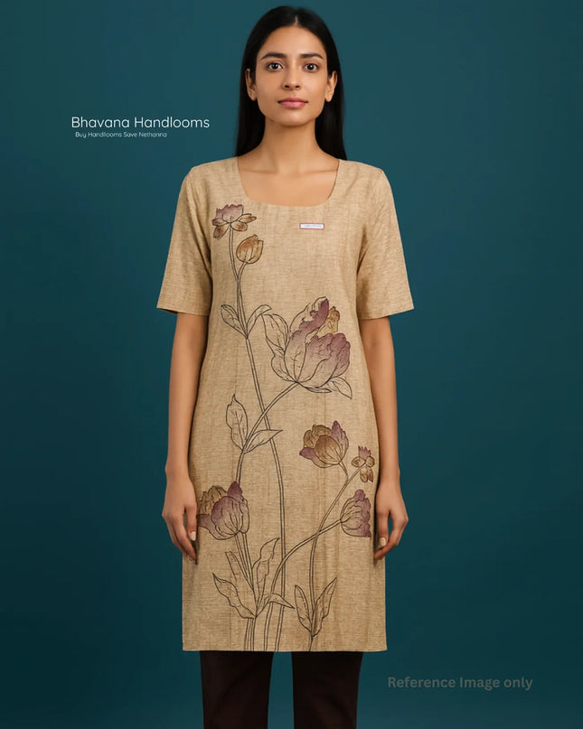 Premium Straight Cut Kurti – Wheat Colour with Beautiful Floral Print