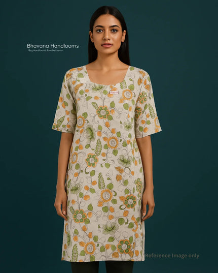 Premium Cotton Straight Cut Kurti Cream – Elegant Floral Print for Women