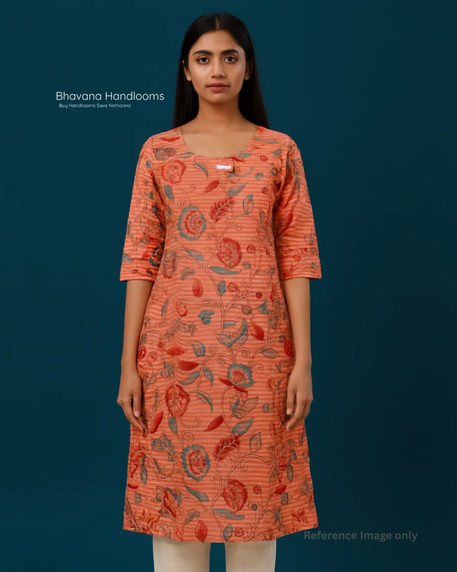 Premium Cotton Straight Cut Kurti Orange – Elegant Floral Print Design