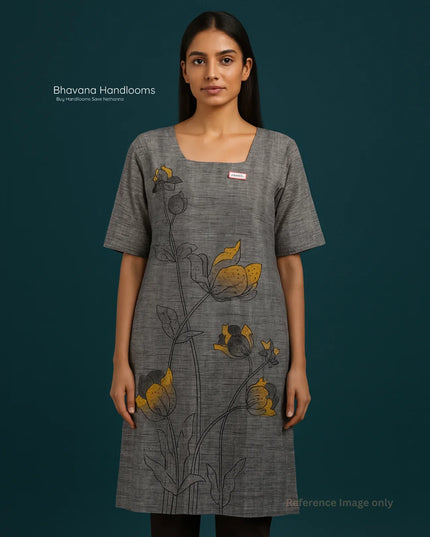 Premium Cotton Straight Cut Kurti with Floral Print with Grey Color