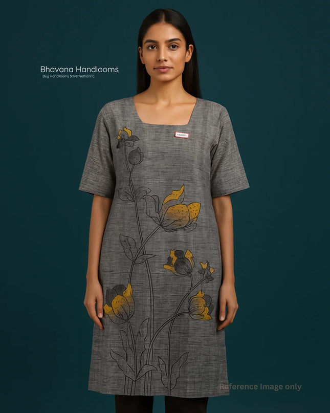 Premium Cotton Straight Cut Kurti with Floral Print with Grey Color