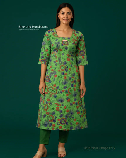 Premium Straight Cut Kurti – Green Colour with Beautiful Floral Print