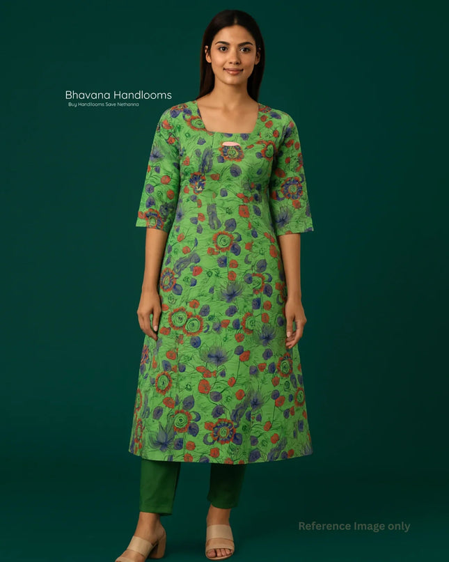 Premium Straight Cut Kurti – Green Colour with Beautiful Floral Print