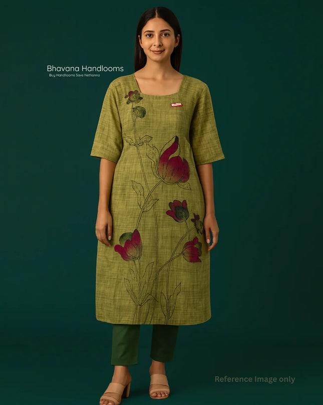Premium Straight Cut Kurti – Pesara Green Colour with Beautiful Floral Print