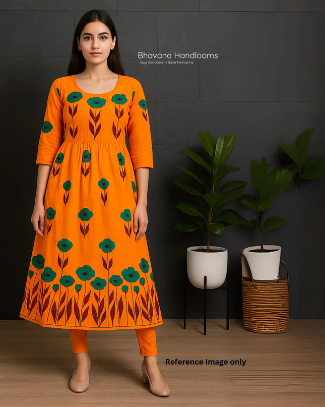 Orange Floral Printed Cotton Frock for Women – Casual Wear | Bhavana Handlooms
